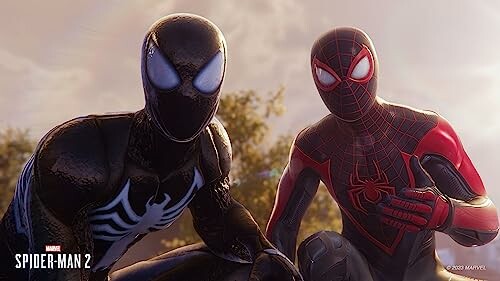 Two Spider-Man characters in black and red suits, each with their unique abilities and powers.