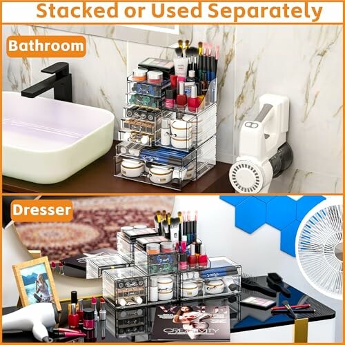 Stackable organizer used in bathroom and dresser.