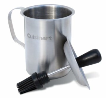 Stainless steel basting pot with brush and lid.