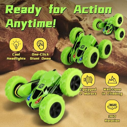 Green stunt RC car with features like headlights, stunt demo, dual motors, climbing ability, and 360 rotation.
