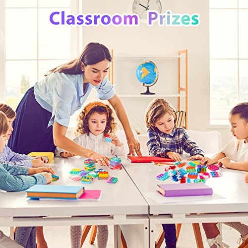 Teacher distributing prizes to children in a classroom.