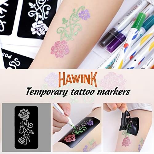 Temporary tattoo markers used to create floral designs with stencil on skin.