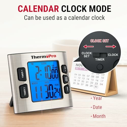 ThermoPro calendar clock with dual timer display