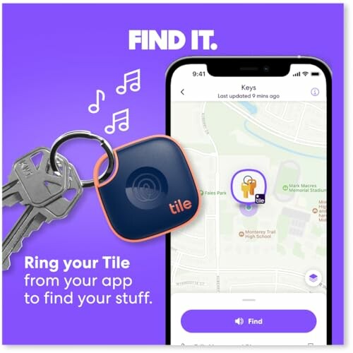 Tile key finder with app showing location on smartphone.