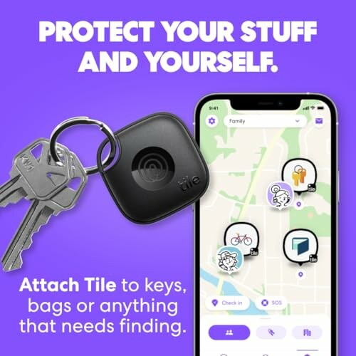 Tile tracker on keychain next to smartphone app displaying map.