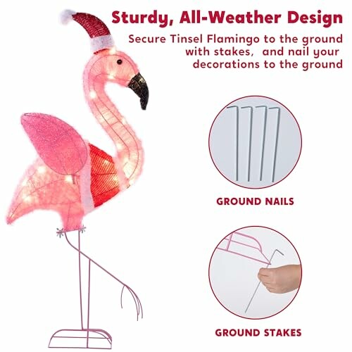 Light-up tinsel flamingo with Santa hat, perfect for outdoor decoration, adding a whimsical touch to holiday festivities.