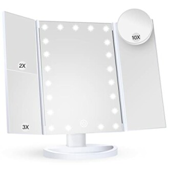 Tri-fold LED makeup mirror with magnifying panels.