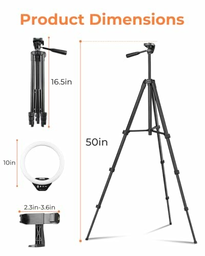 Tripod with ring light showing dimensions of 50 inches, 16.5 inches folded, and phone holder width.