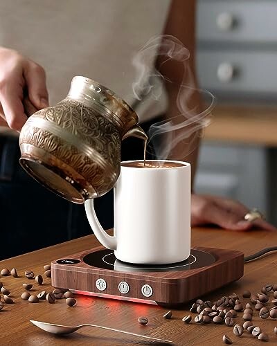 A person pouring Turkish coffee into a mug on a wooden warmer.