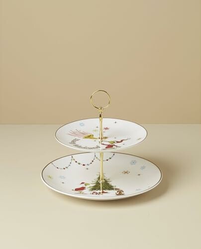 Two-tier holiday cake stand with festive design