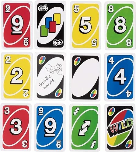 A set of Uno cards with various numbers and symbols.