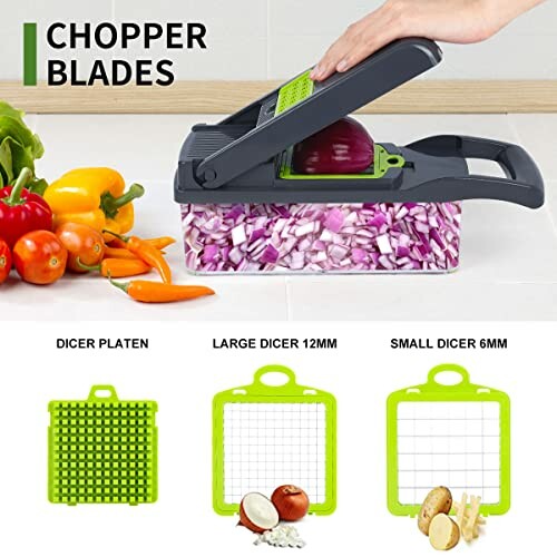Vegetable chopper with diced onions and blade options.