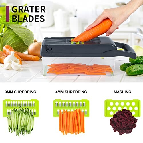 Hand grating carrot over vegetable grater with blades and shredded vegetables.