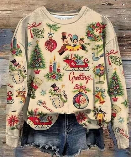Vintage Christmas sweater with festive illustrations and denim shorts.