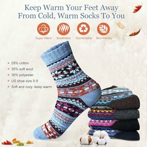 Colorful socks with warmth and comfort features highlighted.