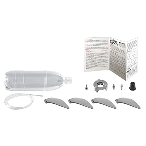 Water rocket kit components including bottle, fins, and instructions.