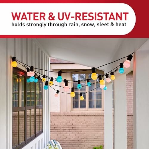 Colorful outdoor string lights under covered porch, water and UV-resistant.