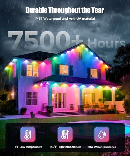 House with colorful waterproof lights in rain, highlighting durability.