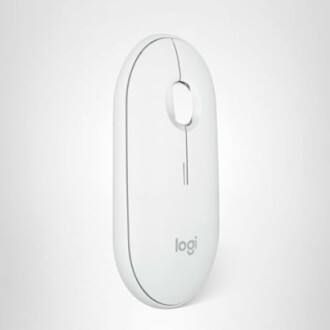 White Logitech wireless mouse on a gray background
