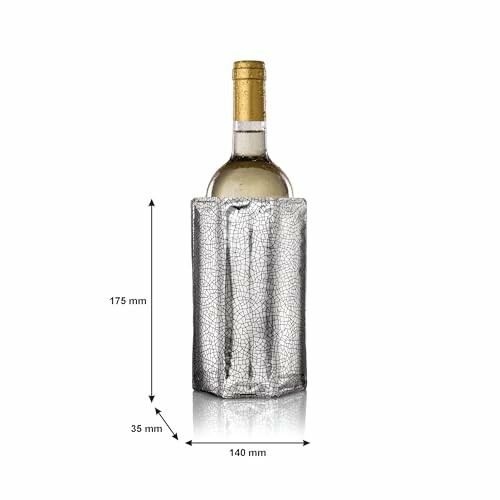 Wine bottle in a silver textured cooler with dimensions.