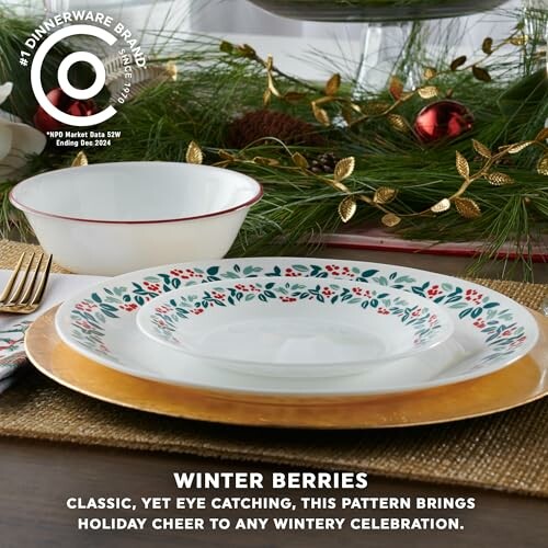 Winter Berries dinnerware set with festive botanical pattern.