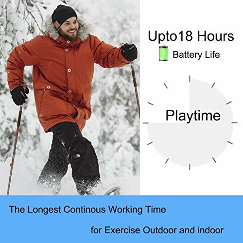 Person hiking in snow with text about battery life and playtime.
