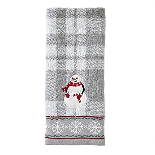 Gray checkered kitchen towel with snowman and snowflakes design.
