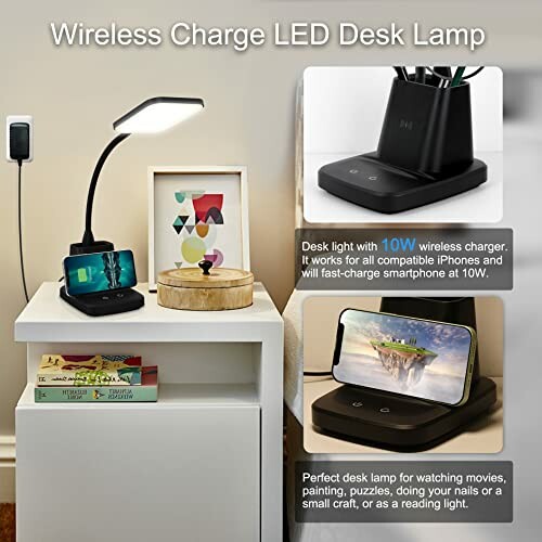 Wireless Charge LED Desk Lamp with phone charging stand on a desk.