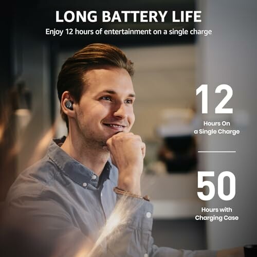 Man wearing wireless earbuds highlighting 12-hour battery life.