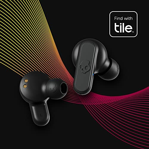 Black wireless earbuds with Tile tracking feature on a colorful background.