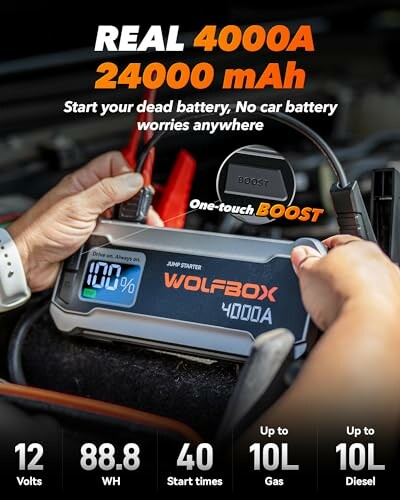 Wolfbox 4000A car jump starter with boost feature, a powerful and portable solution for emergency situations.