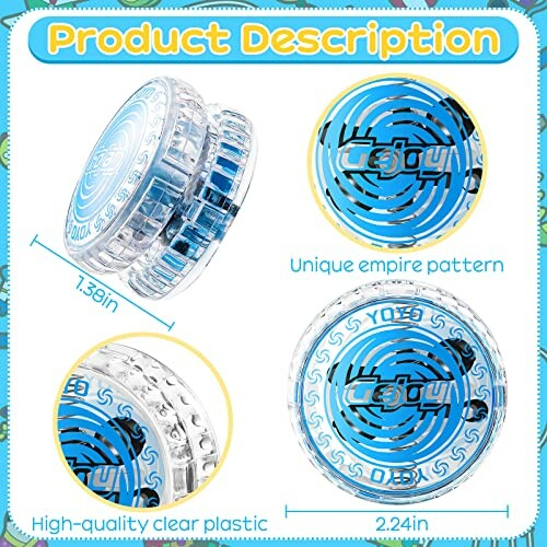 Transparent blue yo-yo with unique empire pattern and size details.