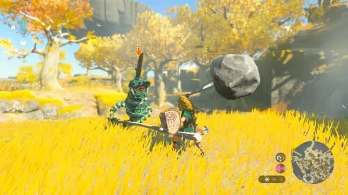 Character in a grassy field battling a creature with a boulder in the air.